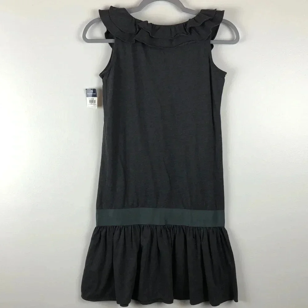 Ralph Lauren New Girls L Gray Sleeveless‎ Ruffle Cotton Blend Dress